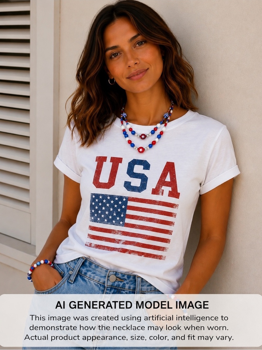 Red, White & Blue 2 strand necklace 2-Braceltes Silver 29-32 inches patriotic